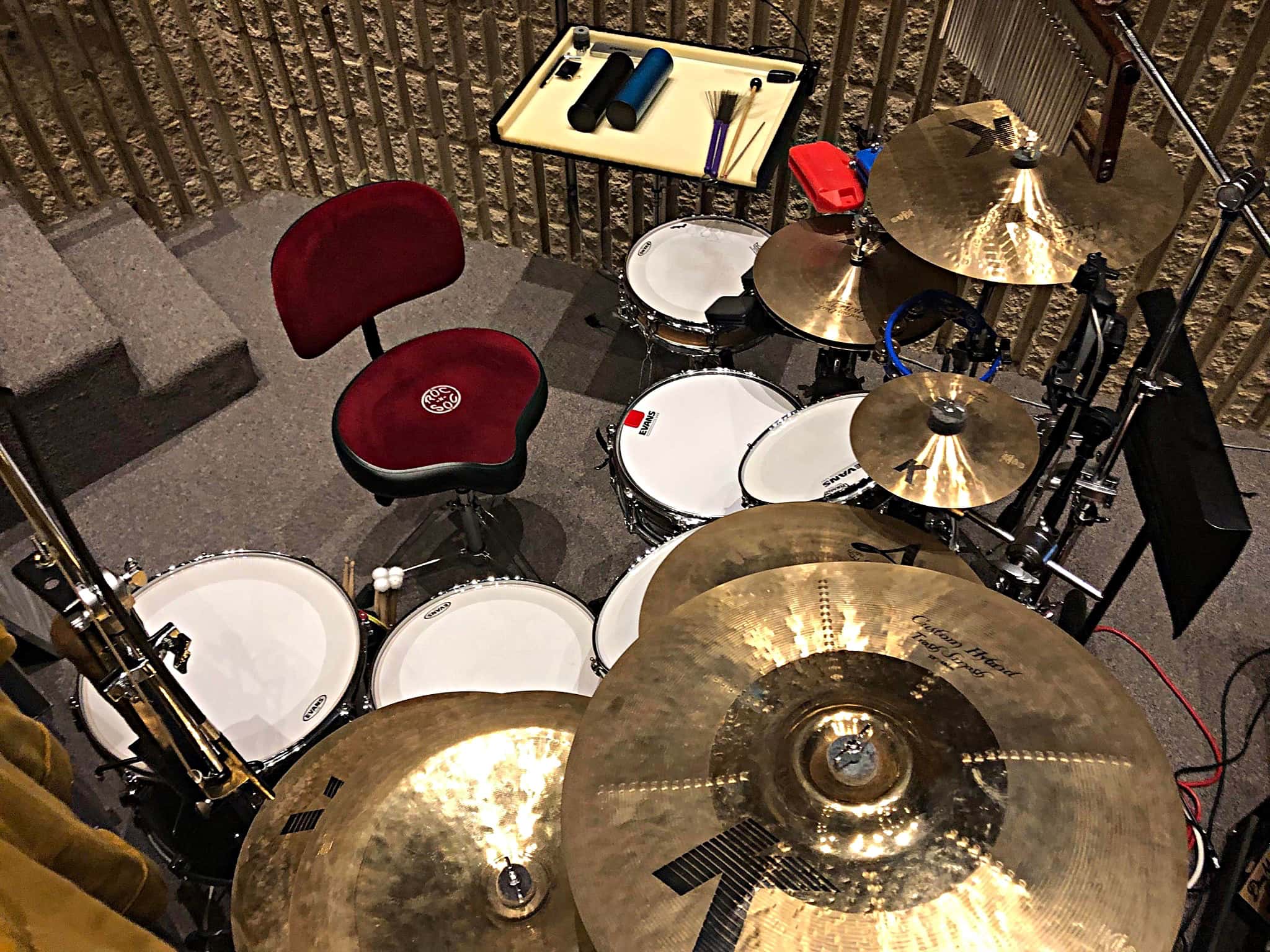 Carl Nelson's drum set setup for Shrek at the Calvin Christian High School, in Grandville, Michigan.