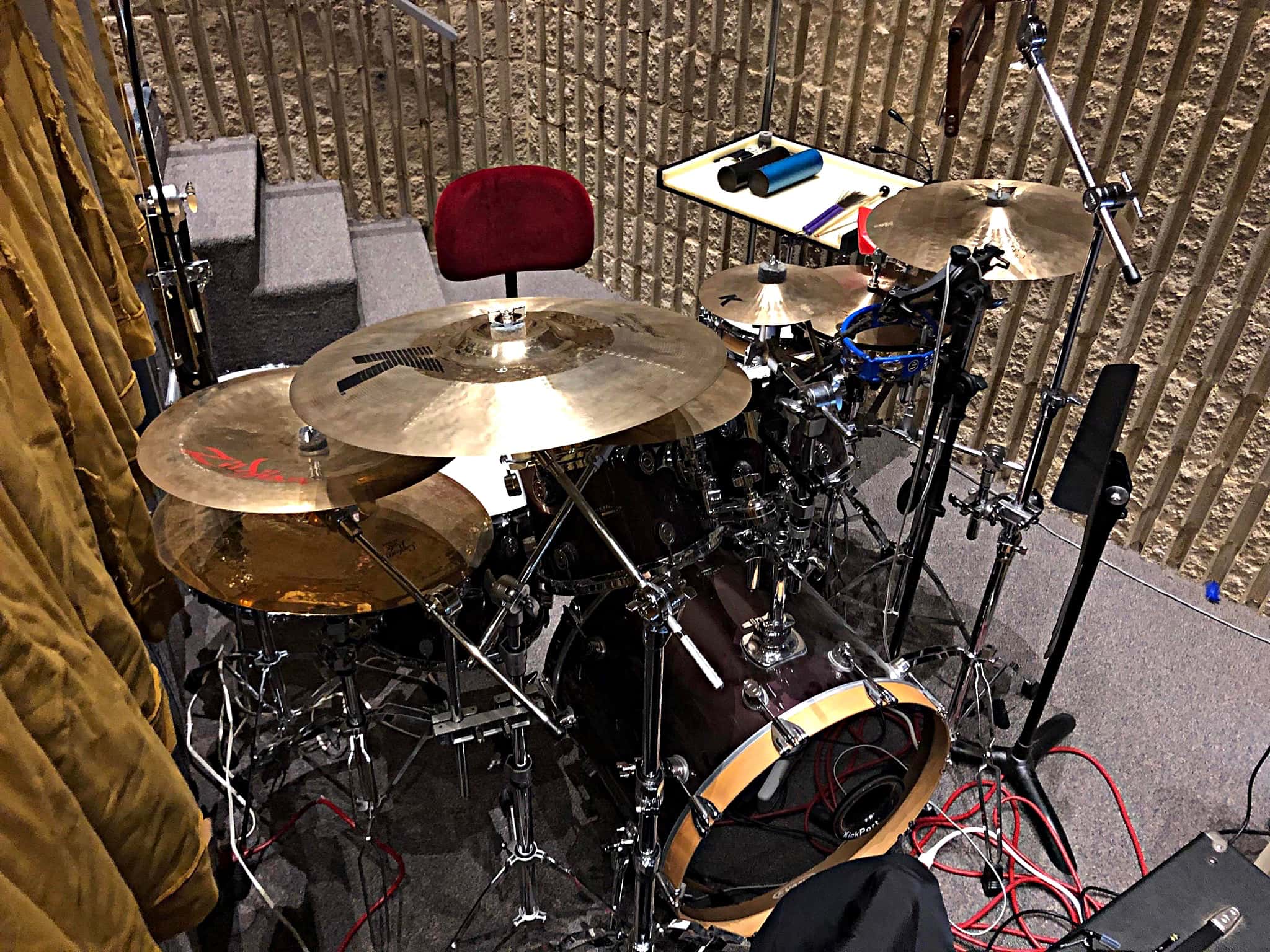 Carl Nelson's drum set setup for Shrek at the Calvin Christian High School, in Grandville, Michigan.