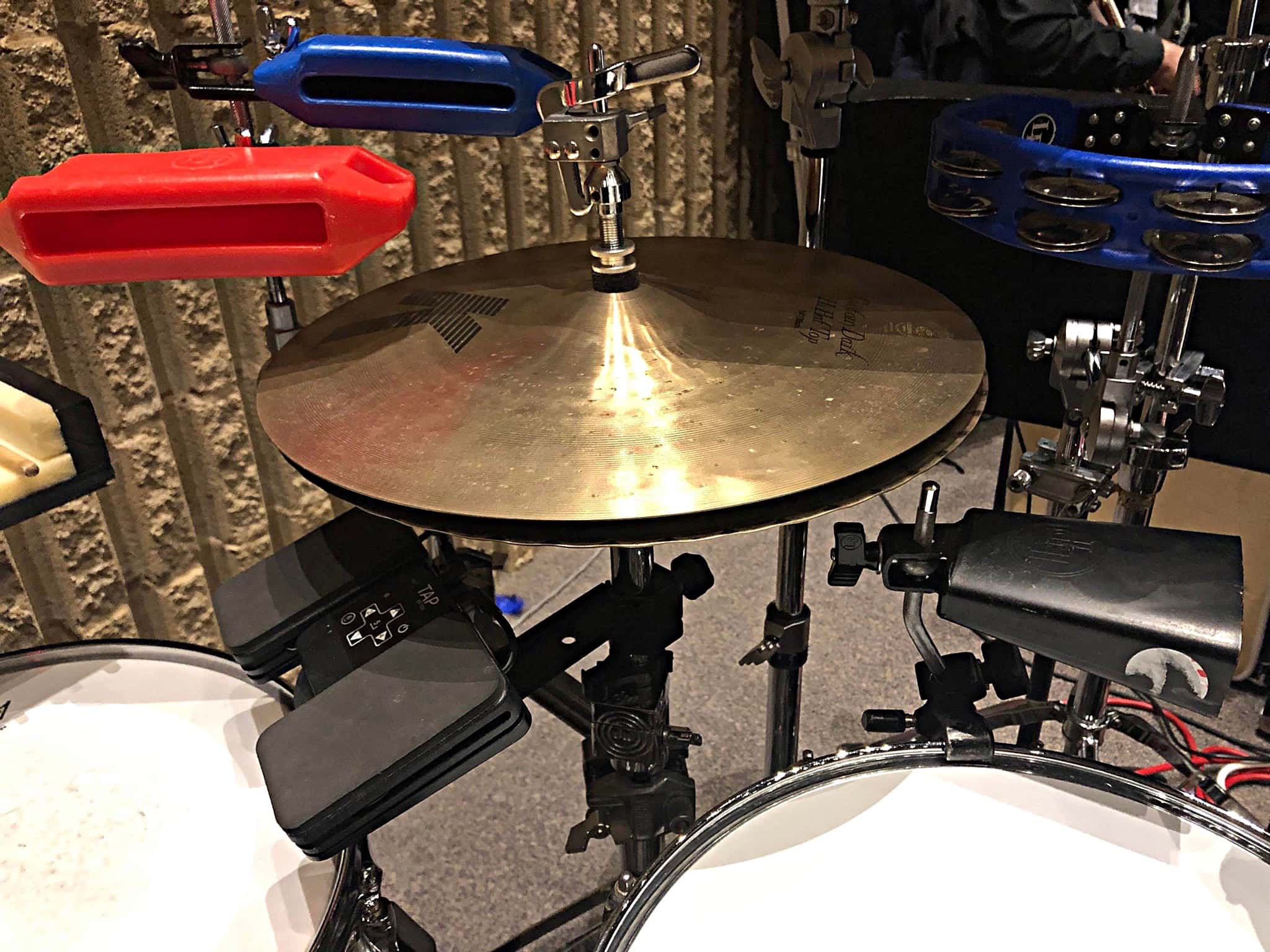 Carl Nelson's drum set setup for Shrek at the Calvin Christian High School, in Grandville, Michigan.