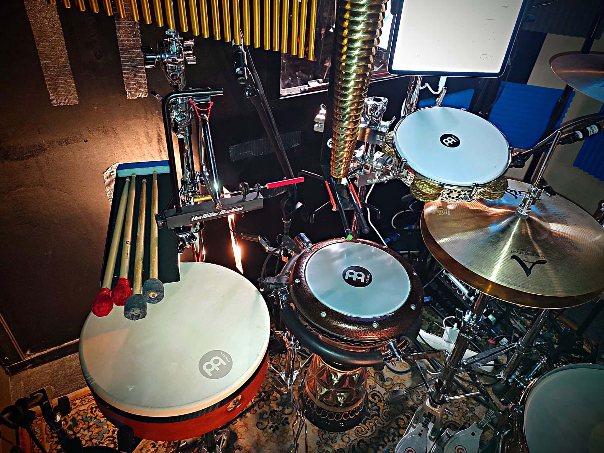 Ángel Crespo's drum set setup for the International Production of Broadway's Aladdin at the Teatro Coliseum in Madrid, Spain