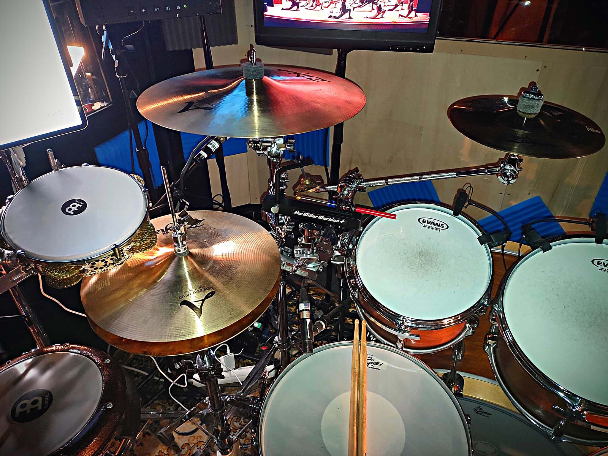 Ángel Crespo's drum set setup for the International Production of Broadway's Aladdin at the Teatro Coliseum in Madrid, Spain