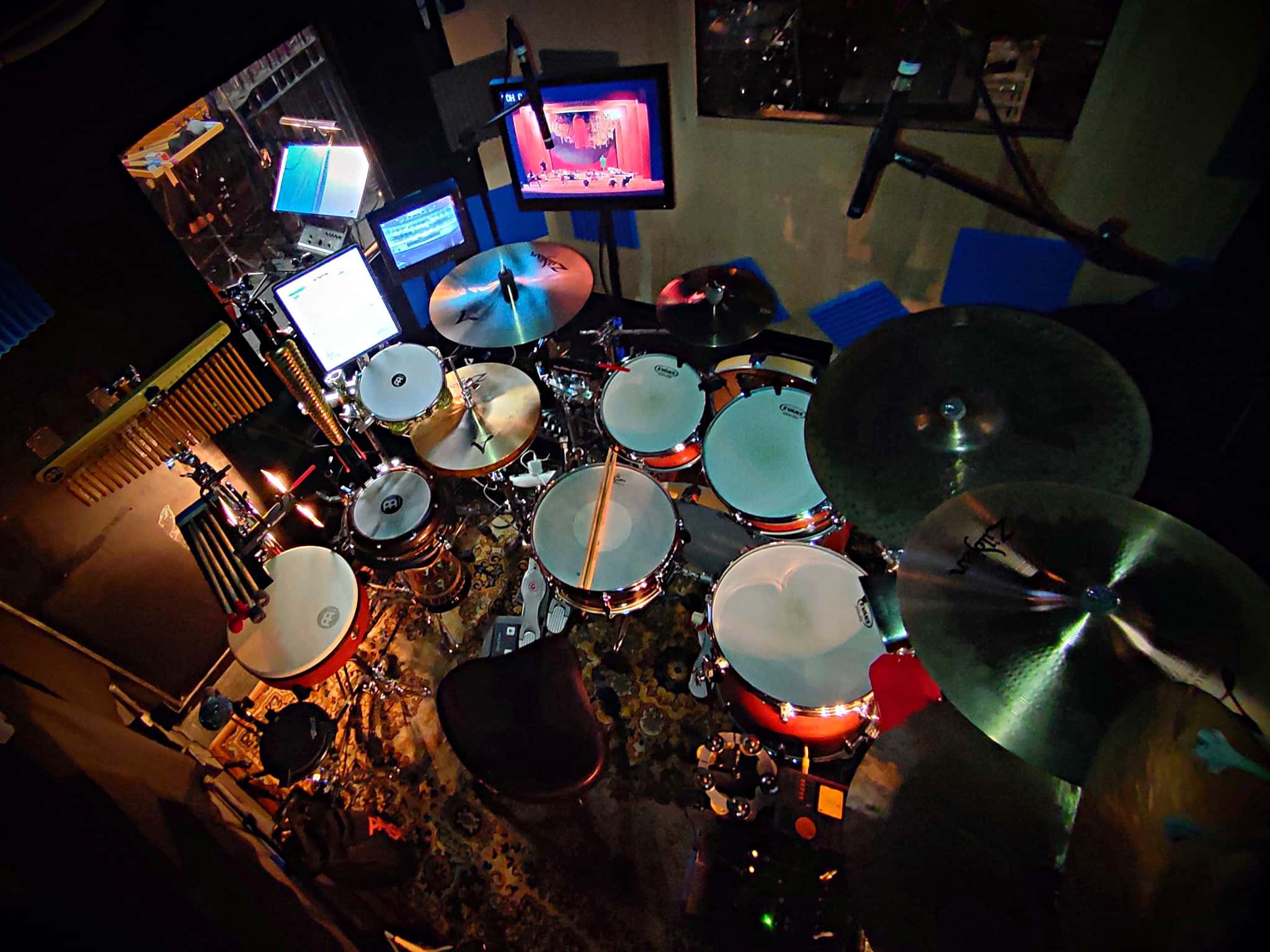 Ángel Crespo's drum set setup for the International Production of Broadway's Aladdin at the Teatro Coliseum in Madrid, Spain