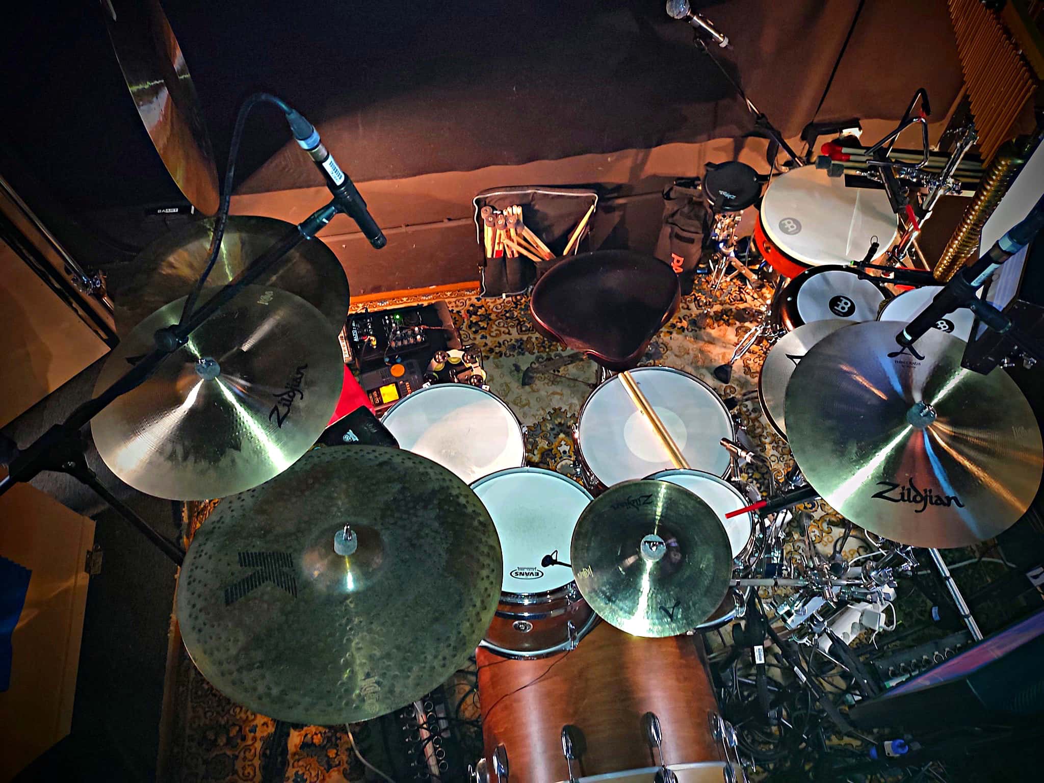 Ángel Crespo's drum set setup for the International Production of Broadway's Aladdin at the Teatro Coliseum in Madrid, Spain