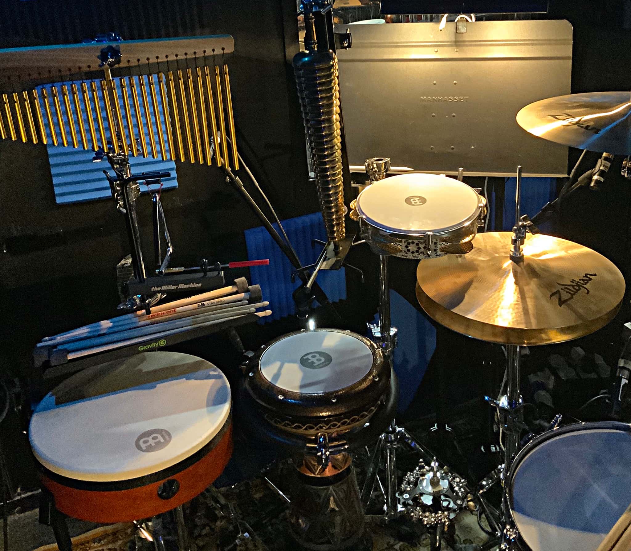 Ángel Crespo's drum set setup for the International Production of Broadway's Aladdin at the Teatro Coliseum in Madrid, Spain