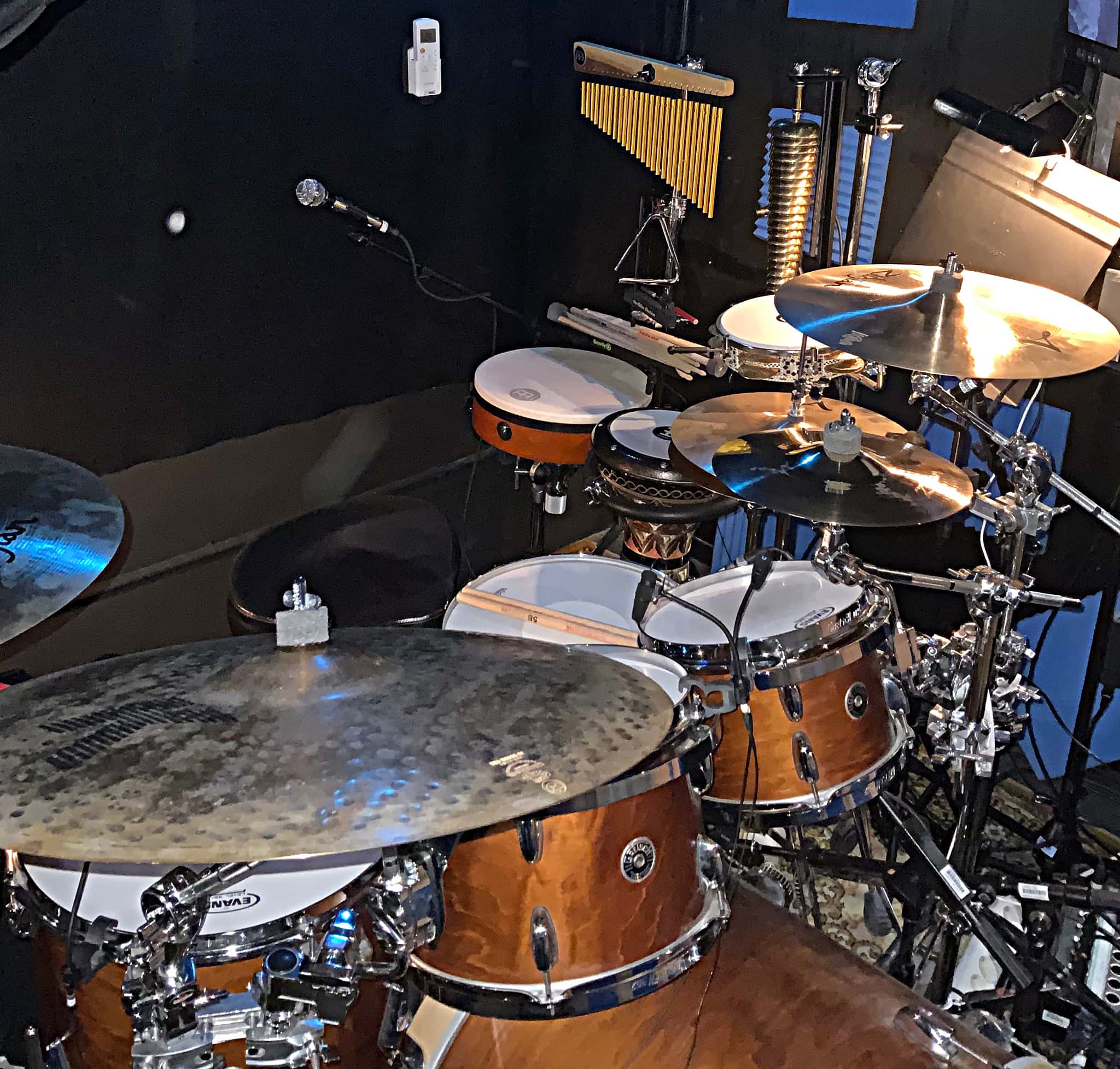 Ángel Crespo's drum set setup for the International Production of Broadway's Aladdin at the Teatro Coliseum in Madrid, Spain