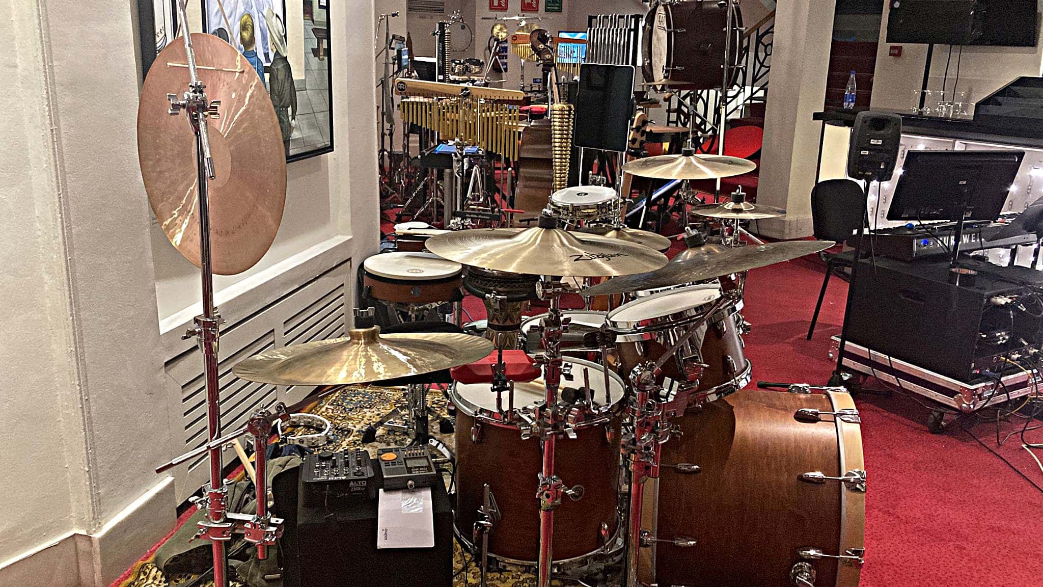 Ángel Crespo's drum set setup for the International Production of Broadway's Aladdin at the Teatro Coliseum in Madrid, Spain