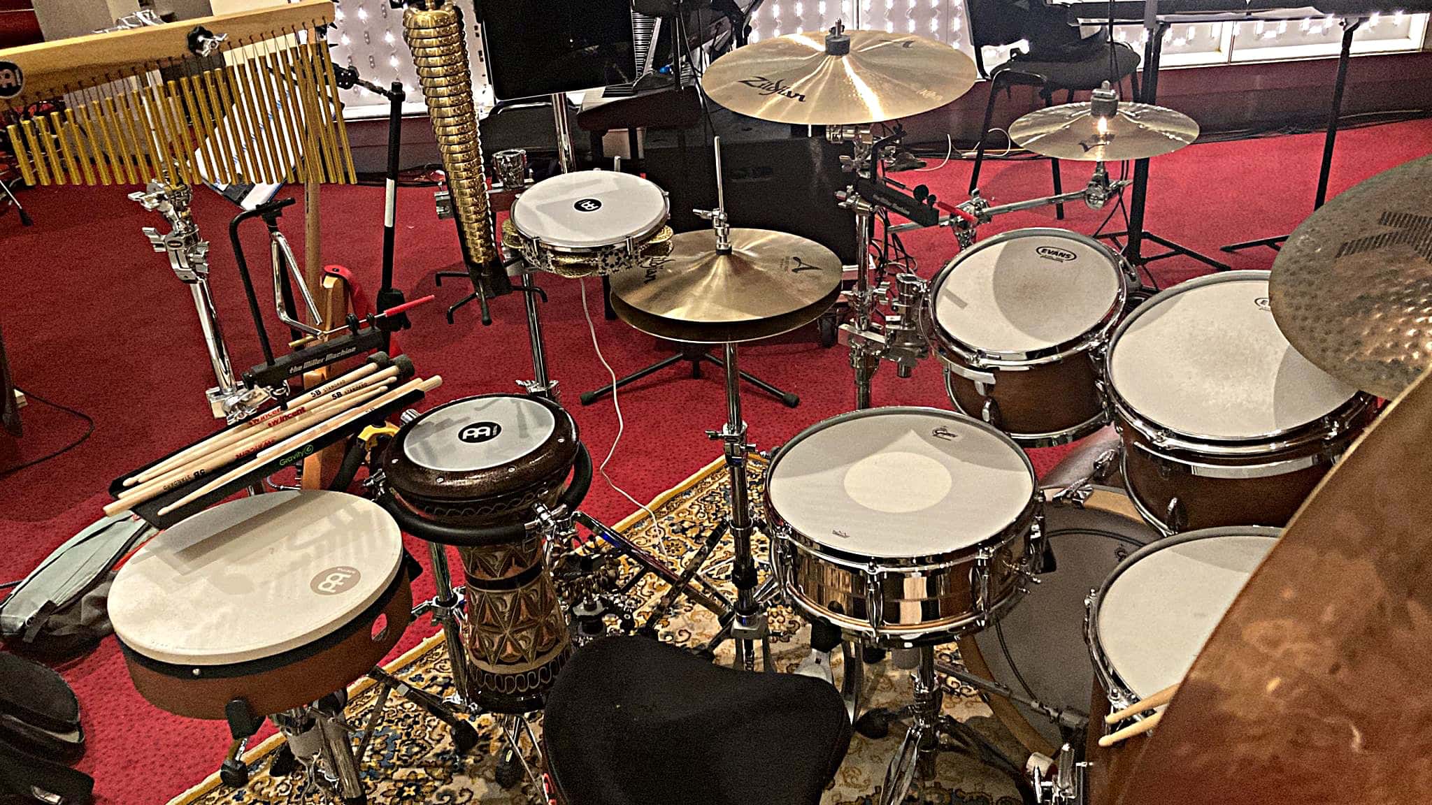 Ángel Crespo's drum set setup for the International Production of Broadway's Aladdin at the Teatro Coliseum in Madrid, Spain