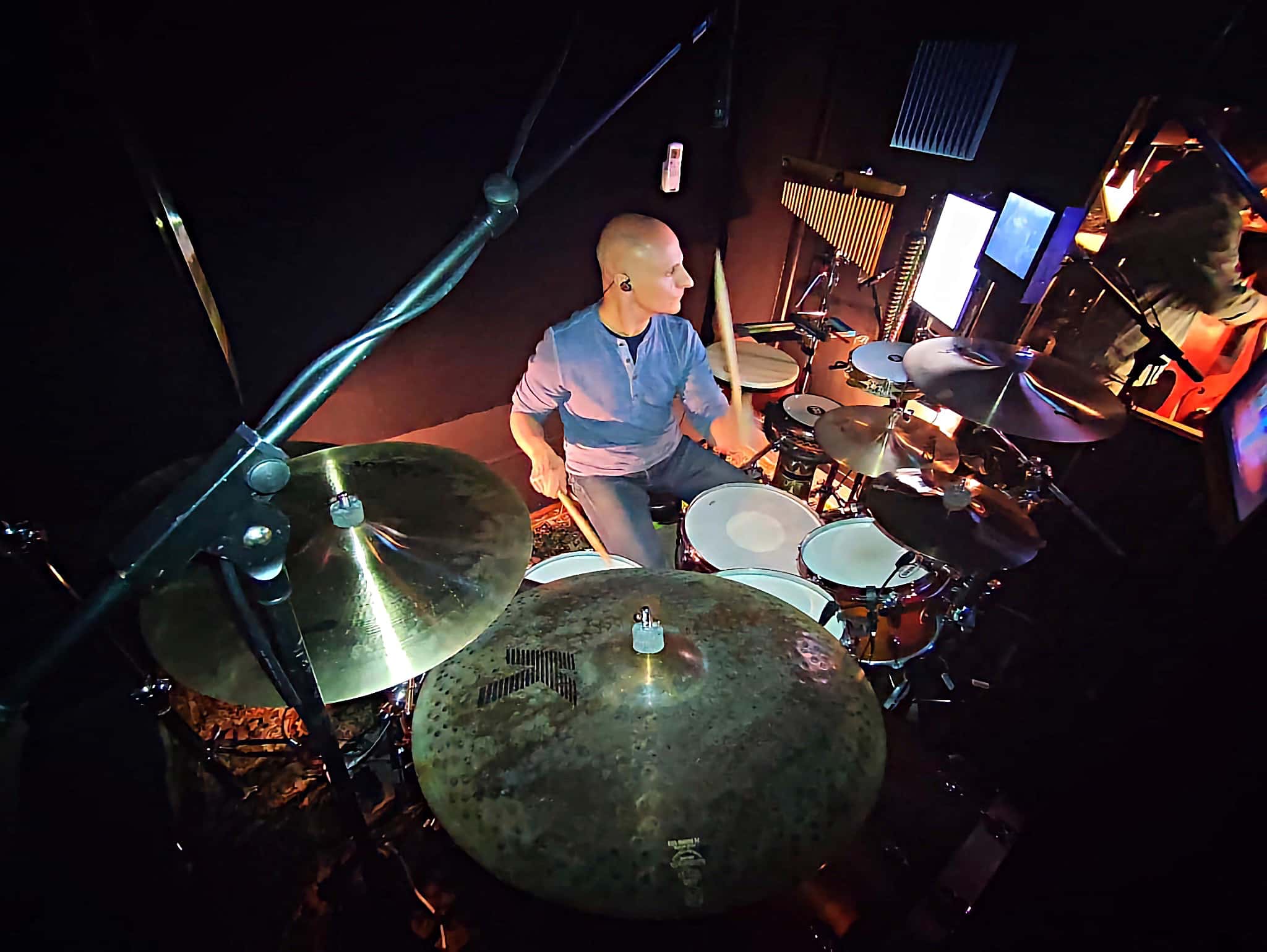 Ángel Crespo's drum set setup for the International Production of Broadway's Aladdin at the Teatro Coliseum in Madrid, Spain