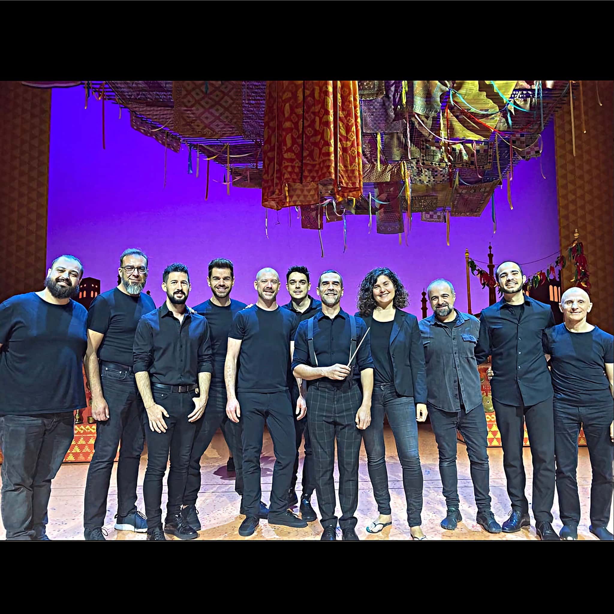 Full band photo from Ángel Crespo's drum set setup for the International Production of Broadway's Aladdin at the Teatro Coliseum in Madrid, Spain.