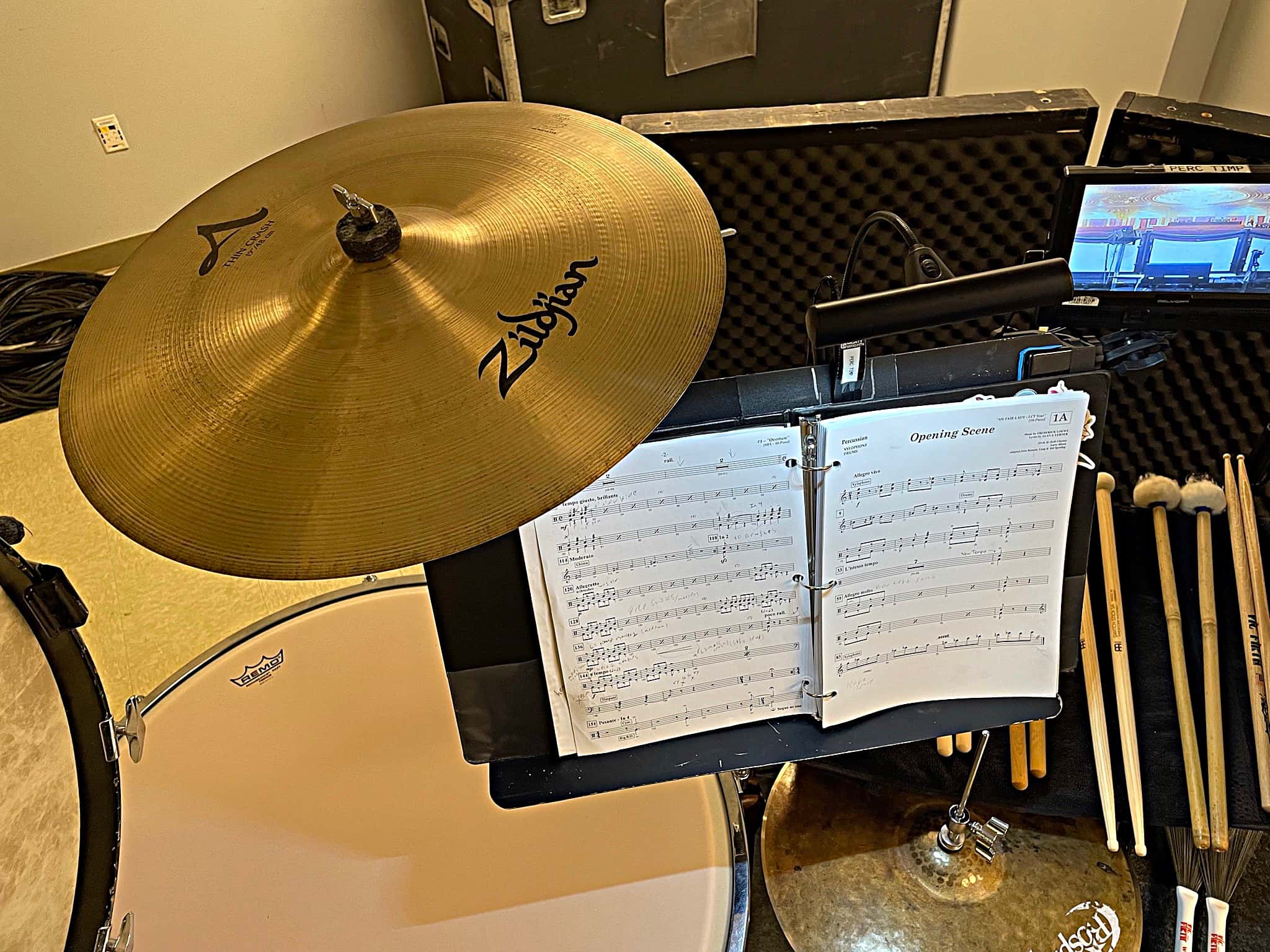 Laura Hamel's drum and percussion setup from the National Tour of My Fair Lady.