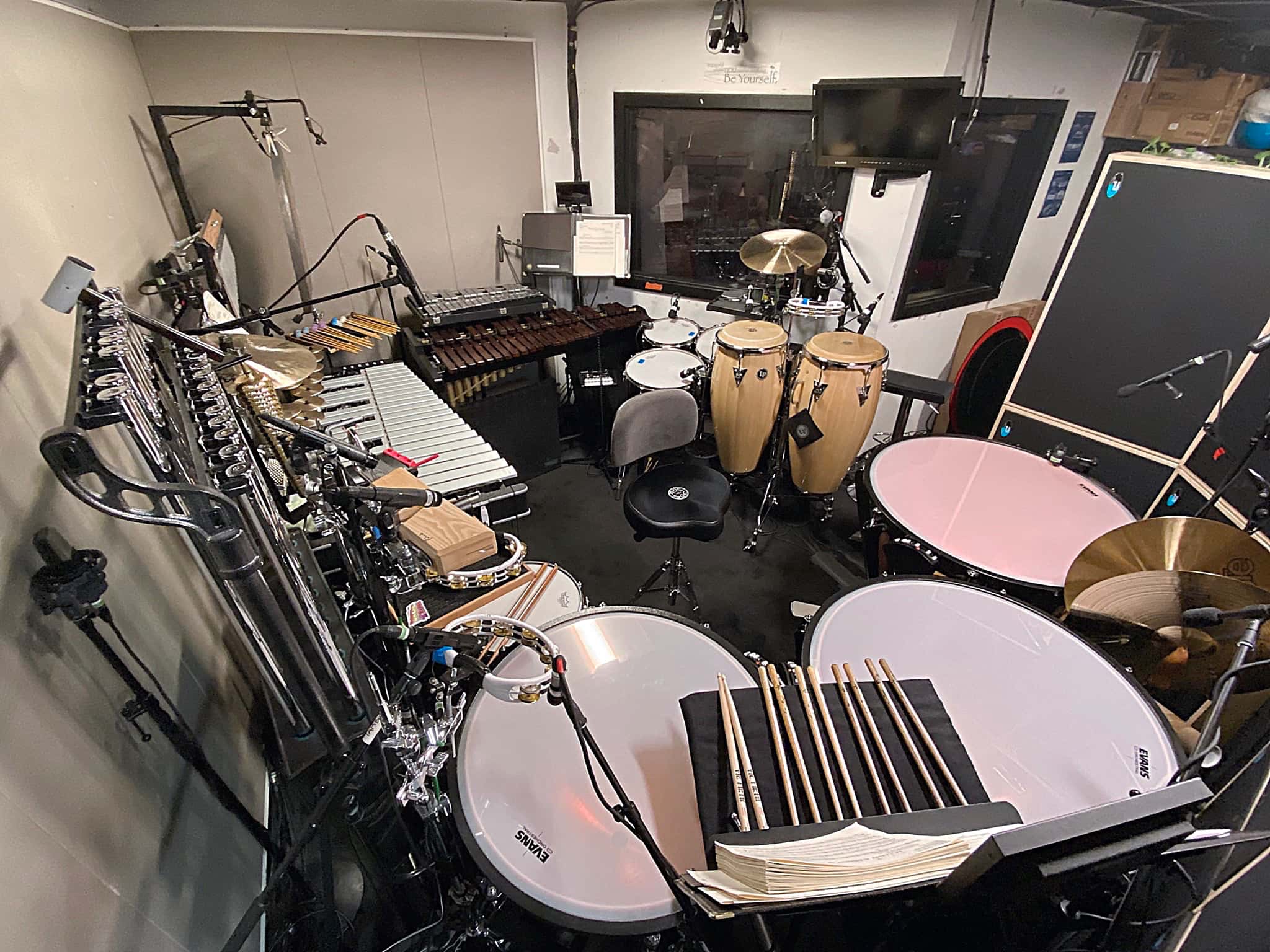 Dave Roth's percussion setup for the Broadway production of Back to the Future at the Winter Garden Theater in New York City.