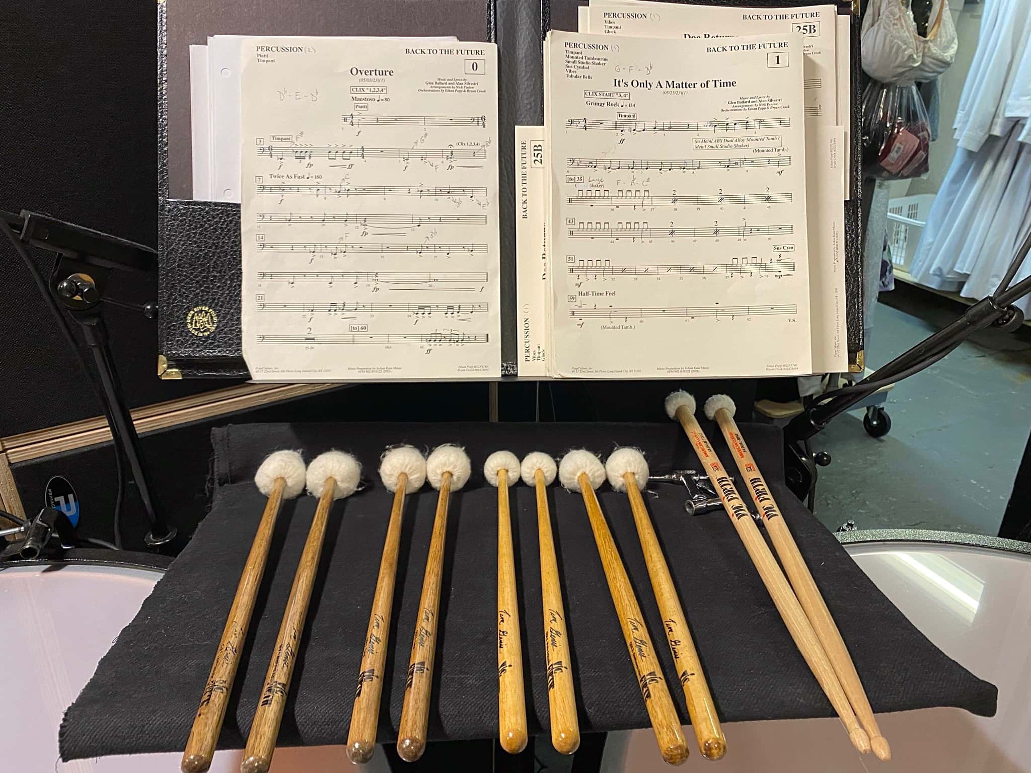 Dave Roth's percussion setup for the Broadway production of Back to the Future at the Winter Garden Theater in New York City.