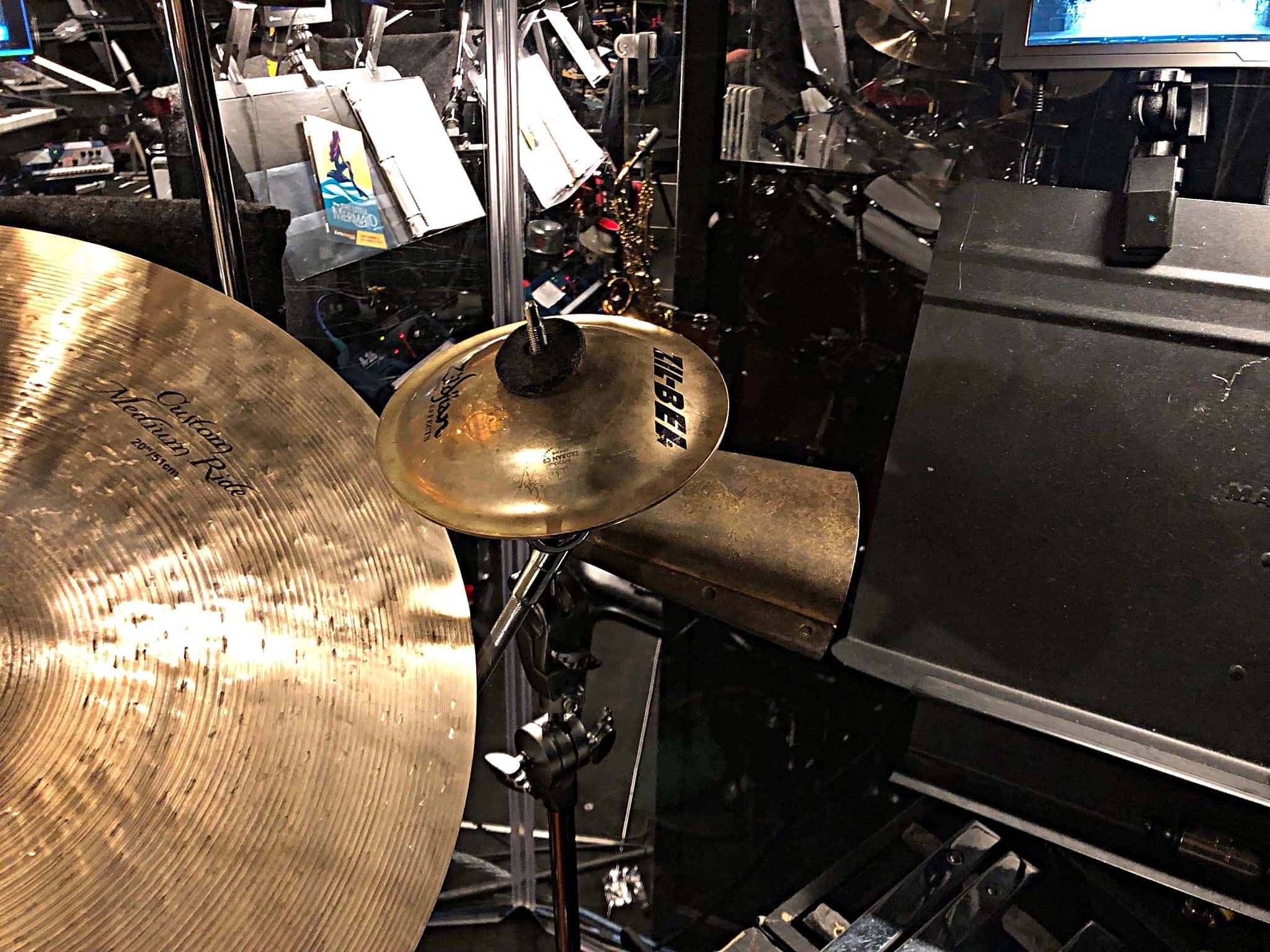 Alec Wilmart's drum set setup for The Little Mermaid at the 5th Avenue Theatre in Seattle, Washington.