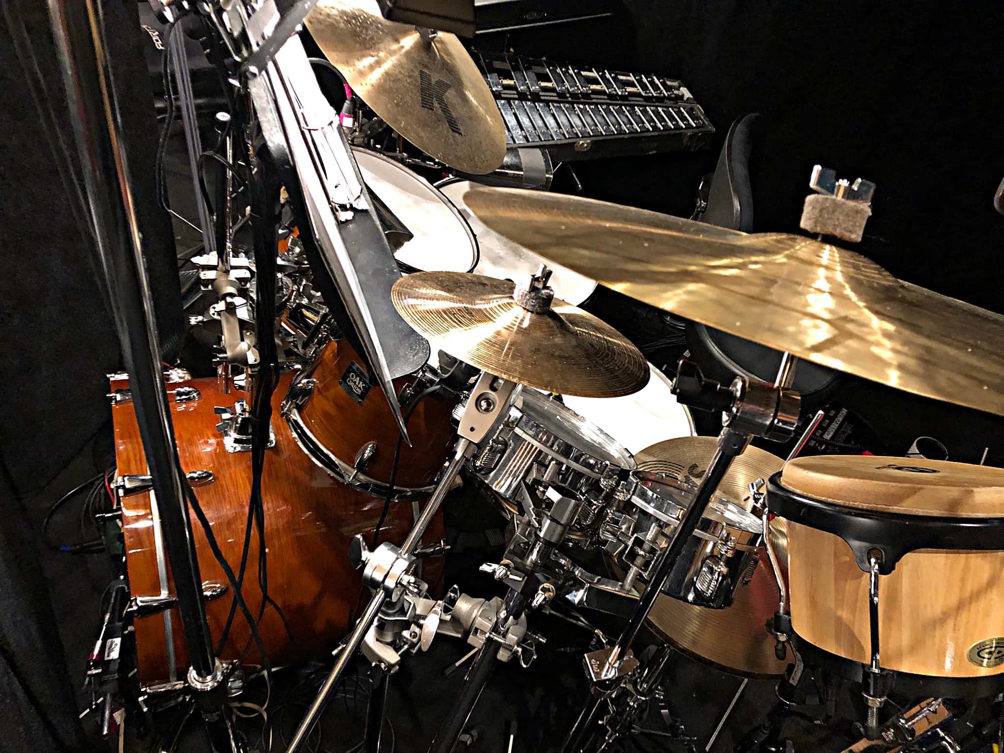 Alec Wilmart's drum set setup for The Little Mermaid at the 5th Avenue Theatre in Seattle, Washington.