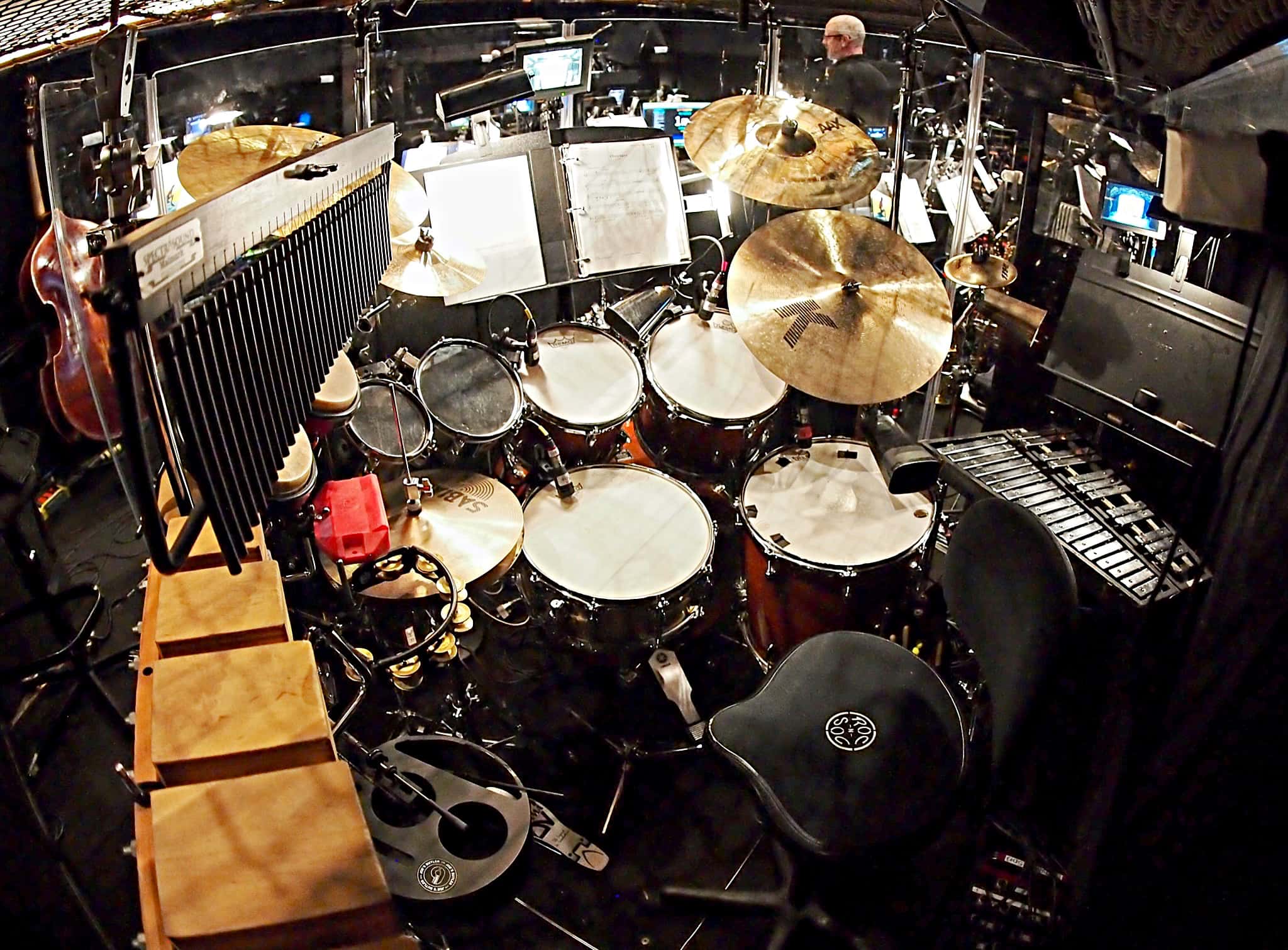 Alec Wilmart's drum set setup for The Little Mermaid at the 5th Avenue Theatre in Seattle, Washington.