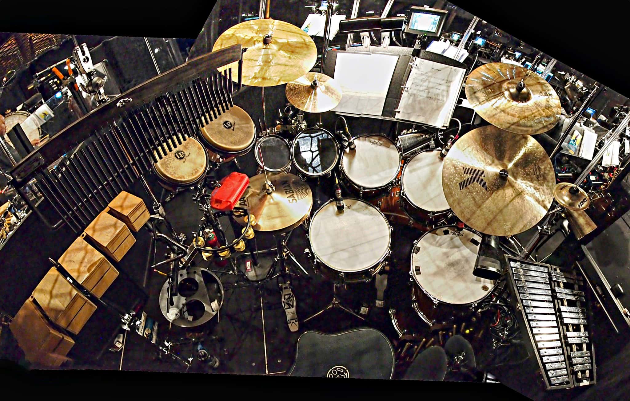 Alec Wilmart's drum set setup for The Little Mermaid at the 5th Avenue Theatre in Seattle, Washington.