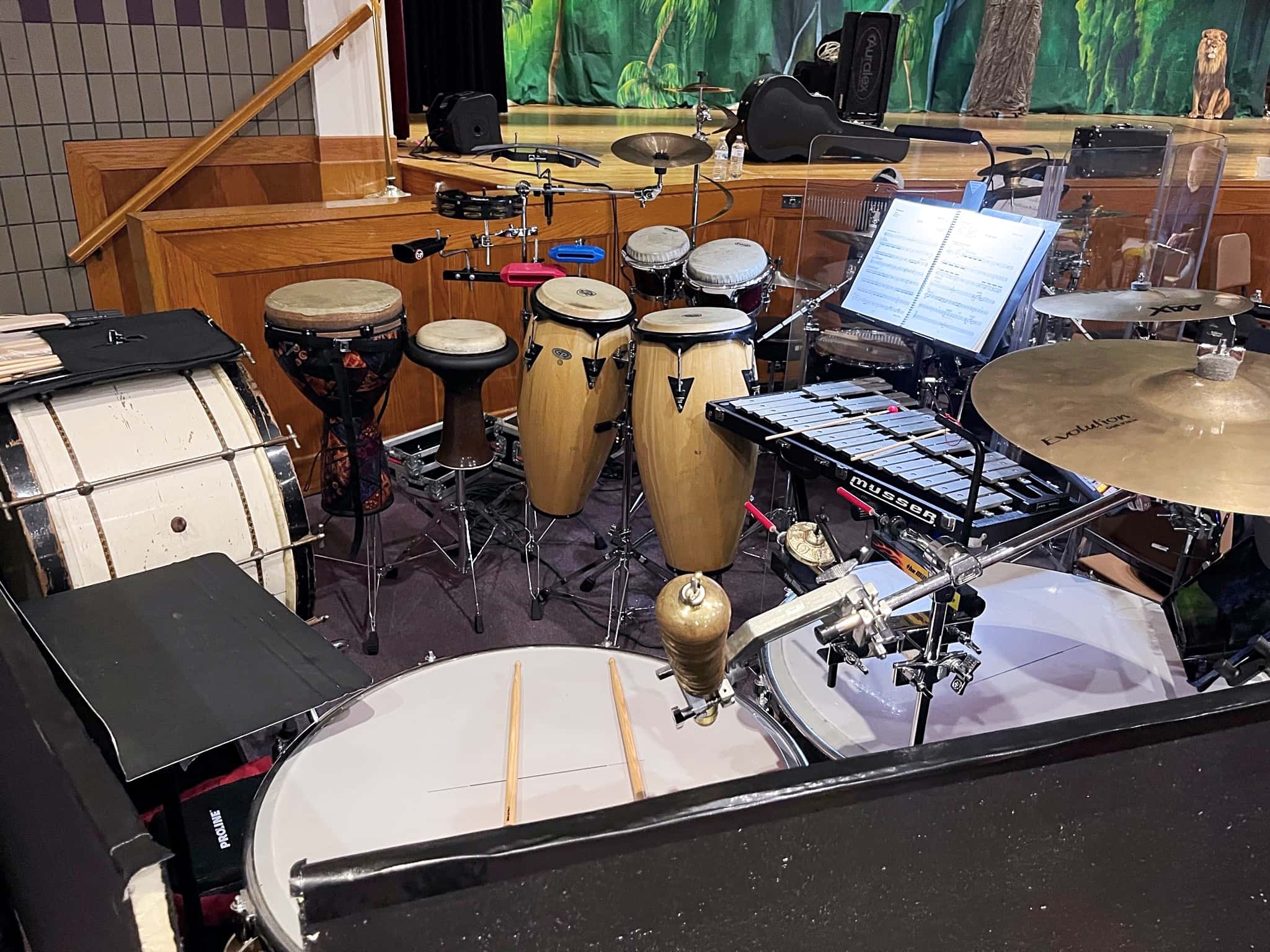Keith Wilsons percussion setup for Mean Girls at Archbishop Wood Performing Arts, in Warminster, Pennsylvania