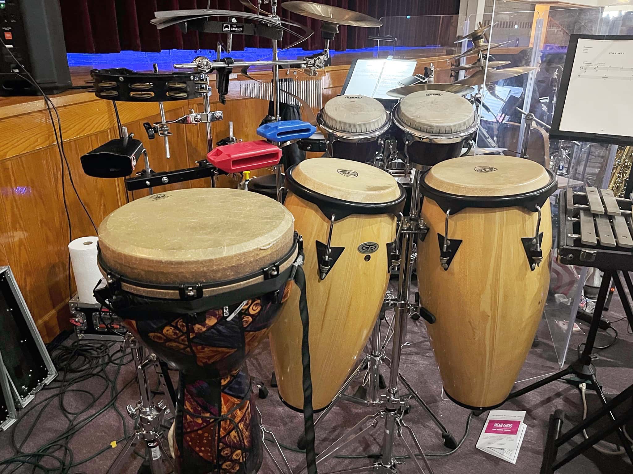 Keith Wilsons percussion setup for Mean Girls at Archbishop Wood Performing Arts, in Warminster, Pennsylvania