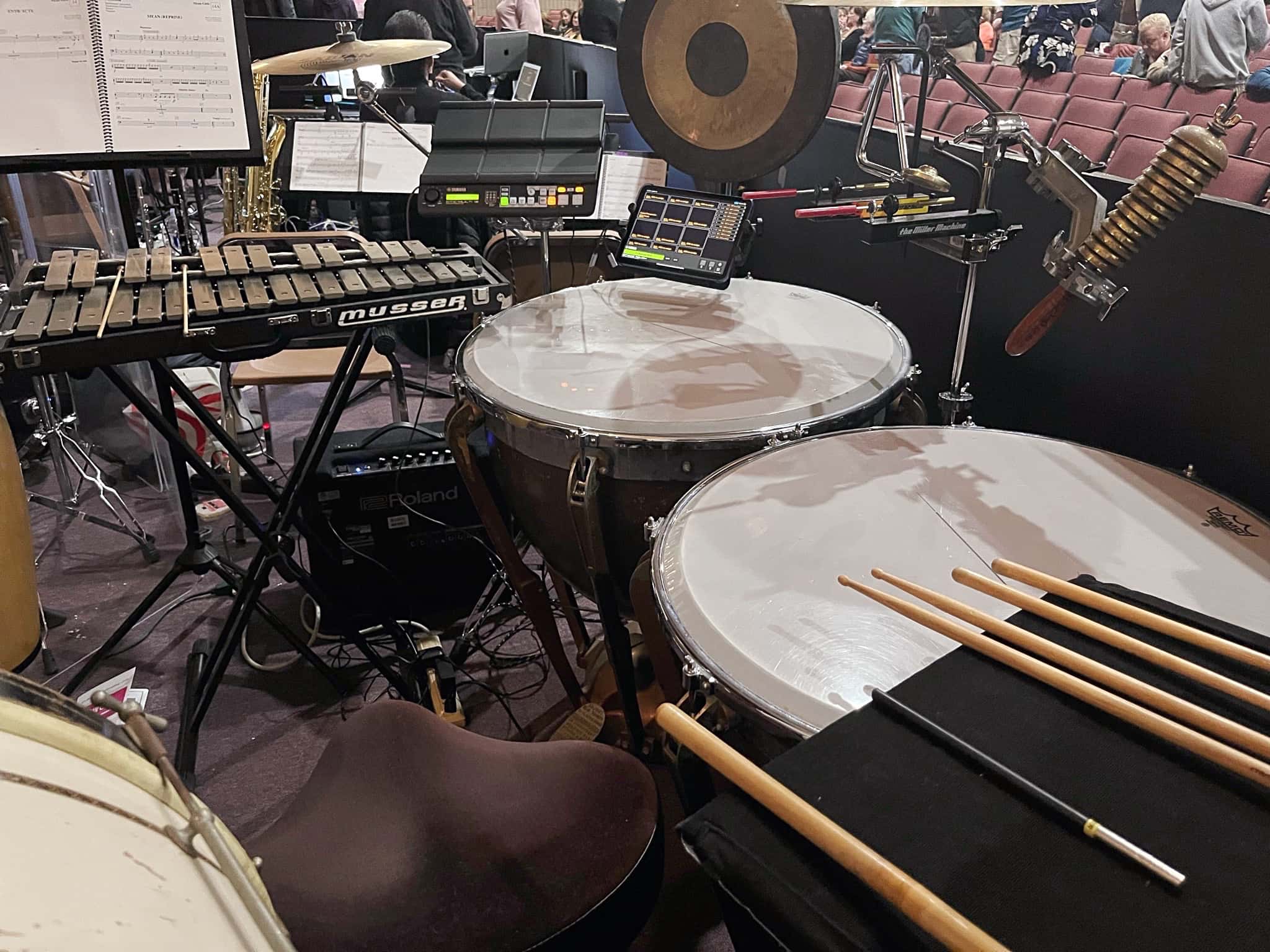 Keith Wilsons percussion setup for Mean Girls at Archbishop Wood Performing Arts, in Warminster, Pennsylvania