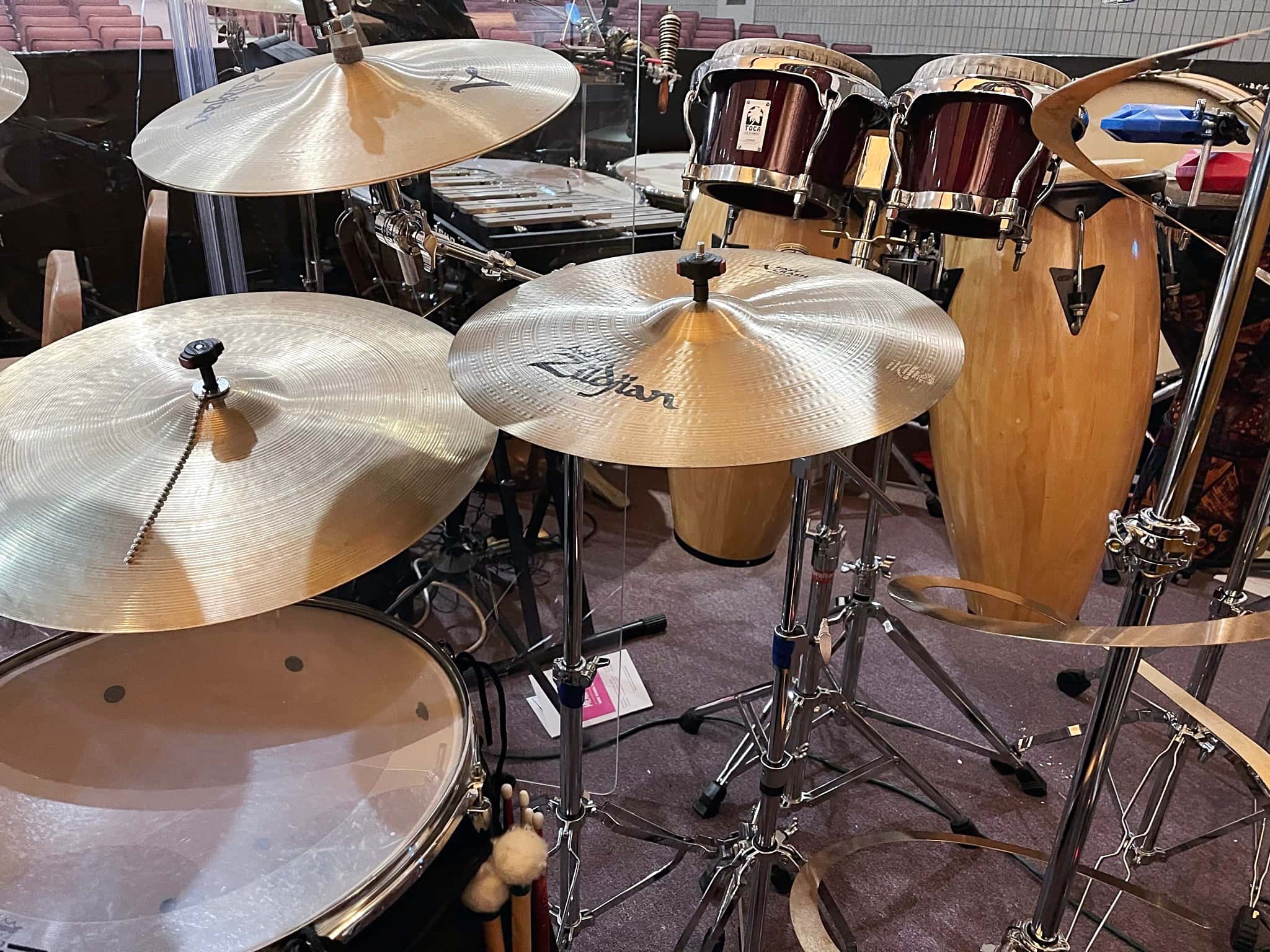 Ron Grassi's drum set setup for Mean Girls at Archbishop Performing Arts, in Warminster, Pennsylvania.