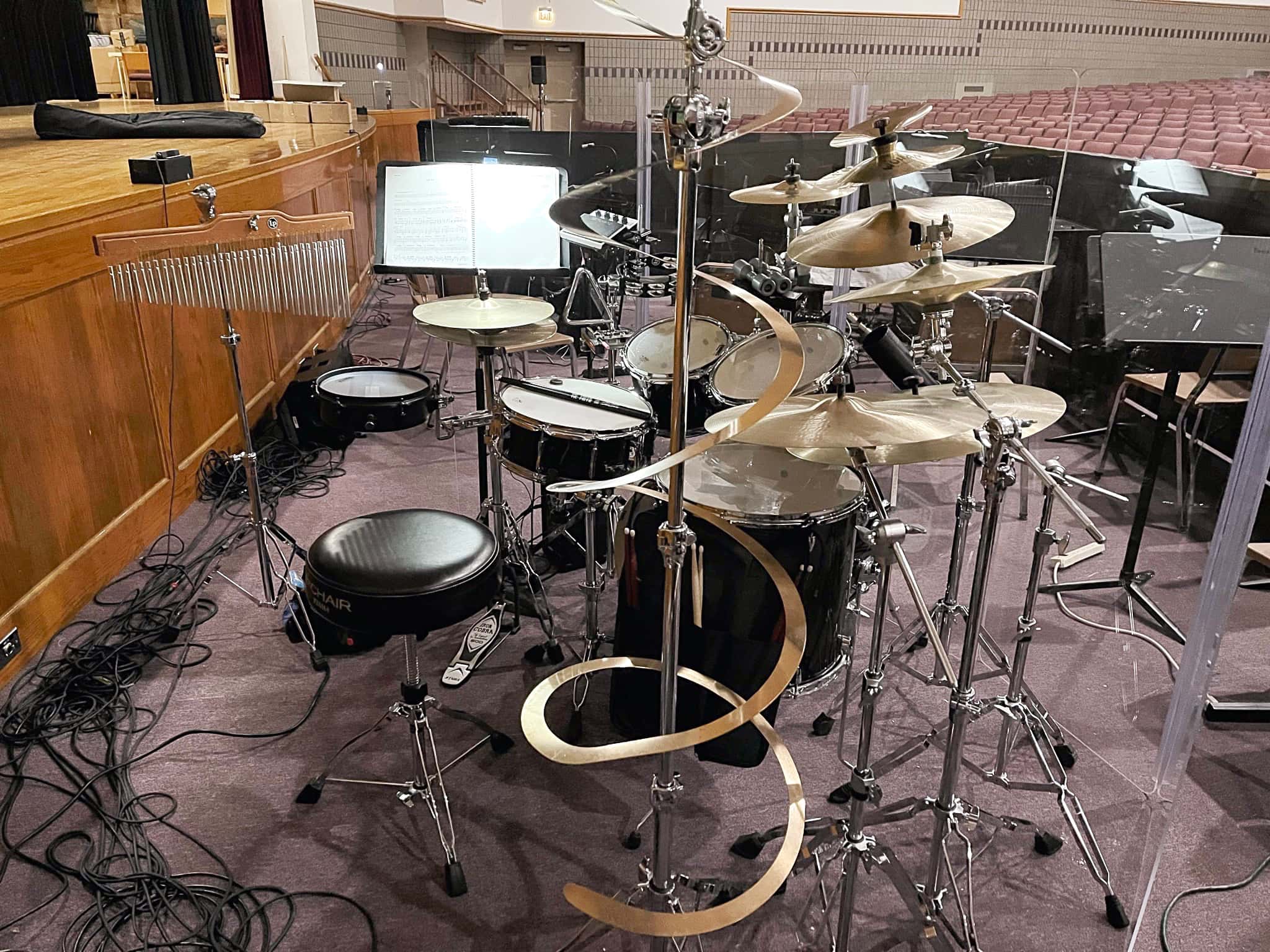 Ron Grassi's drum set setup for Mean Girls at Archbishop Performing Arts, in Warminster, Pennsylvania.