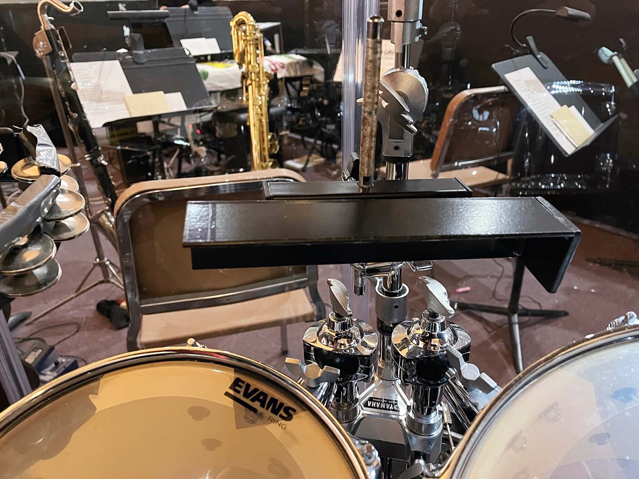Ron Grassi's drum set setup for Mean Girls at Archbishop Performing Arts, in Warminster, Pennsylvania.