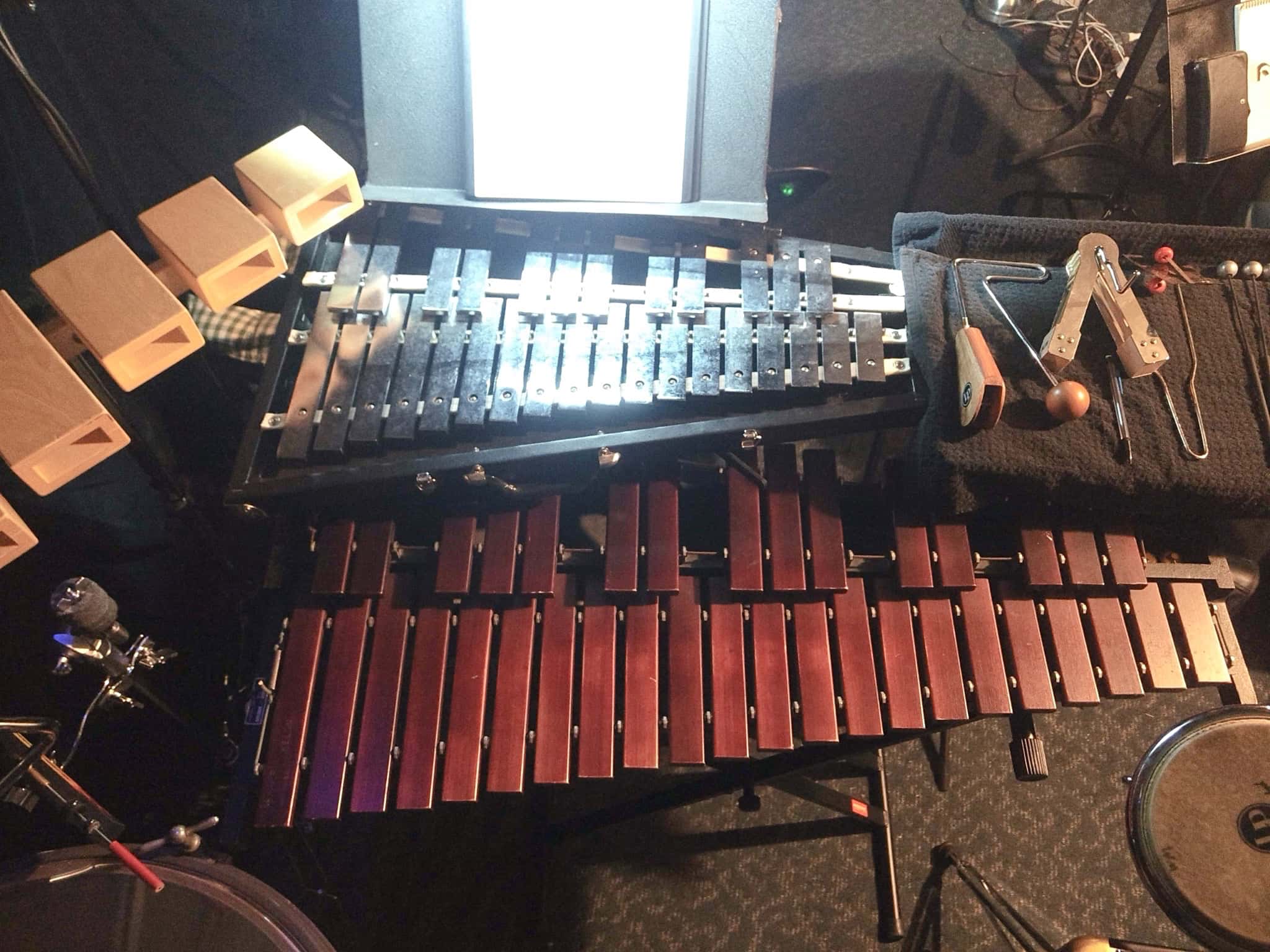 Will Marinelli's percussion setup for the Musical Elf at the Algonquin Theater in Manasquan, New Jersey.