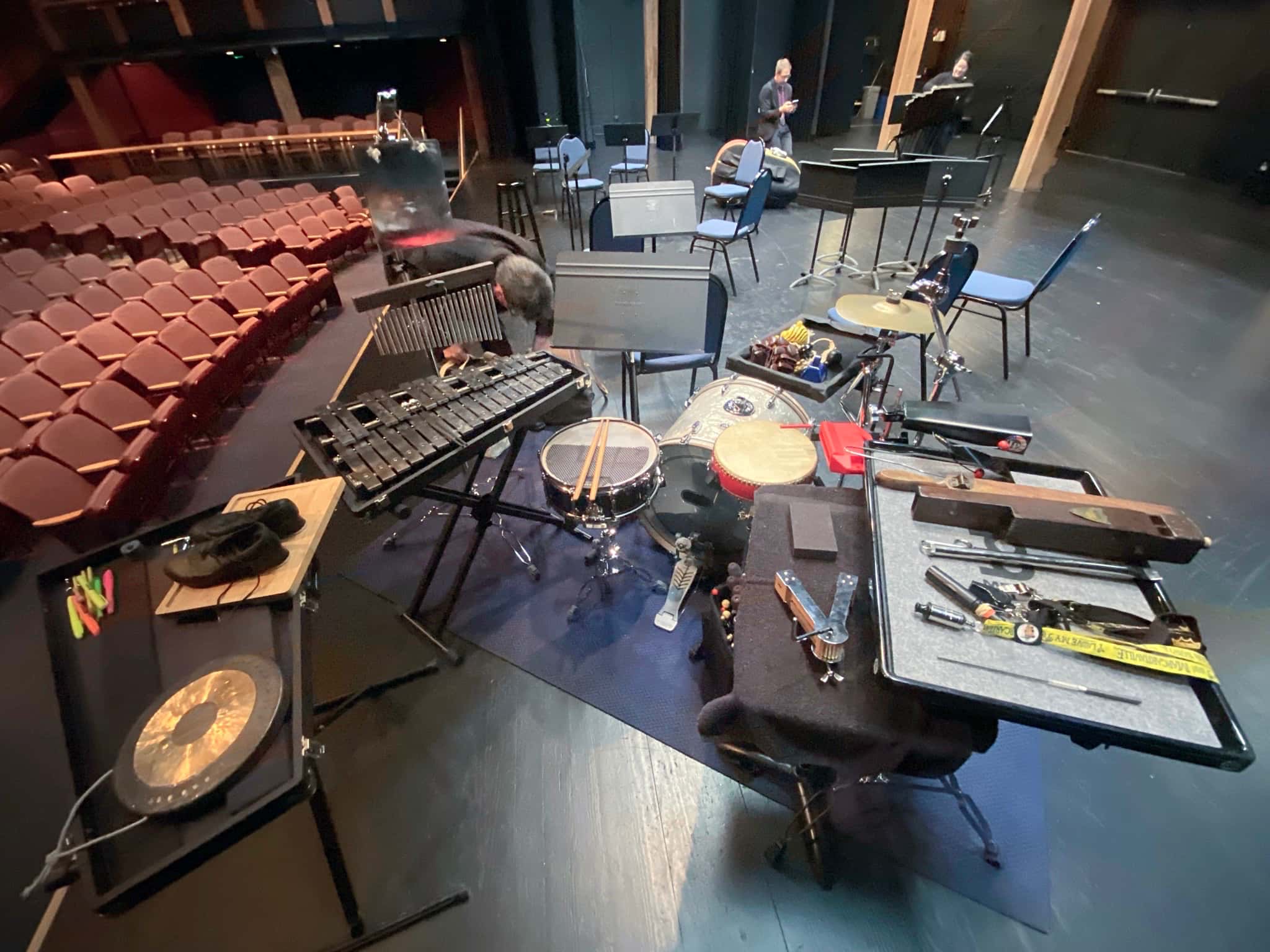 Christian Lolo Moreno's percussion setup for the Peacherine Ragtime Society Orchestra at the Schauer Arts Center in Hartford, Wisconsin.