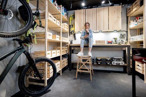 girl with wooden garage shelving