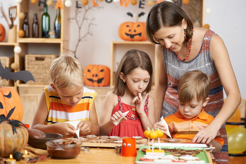 decorating family for halloween, home decorations and storing decorations