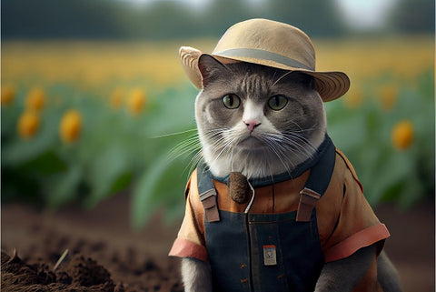 Cat with hat in garden