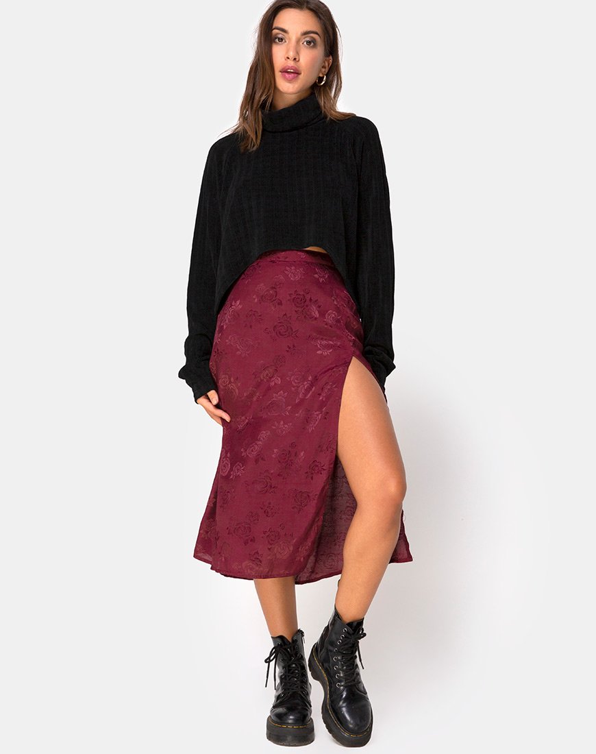 Saika Midi Skirt in Satin Rose Burgundy – motelrocks-com-eur