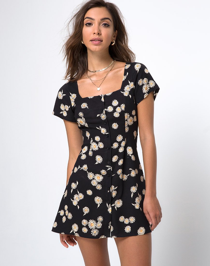 Button Through Black and White Daisy Tea Dress | Zavacca - Motel Rocks ...