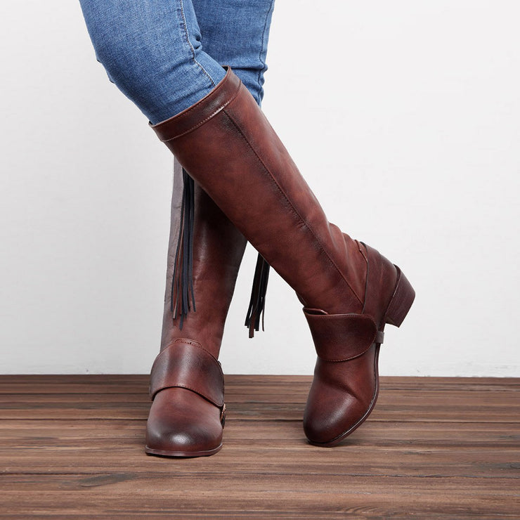 women vintage tassel knot knee high boots chunky heel boots