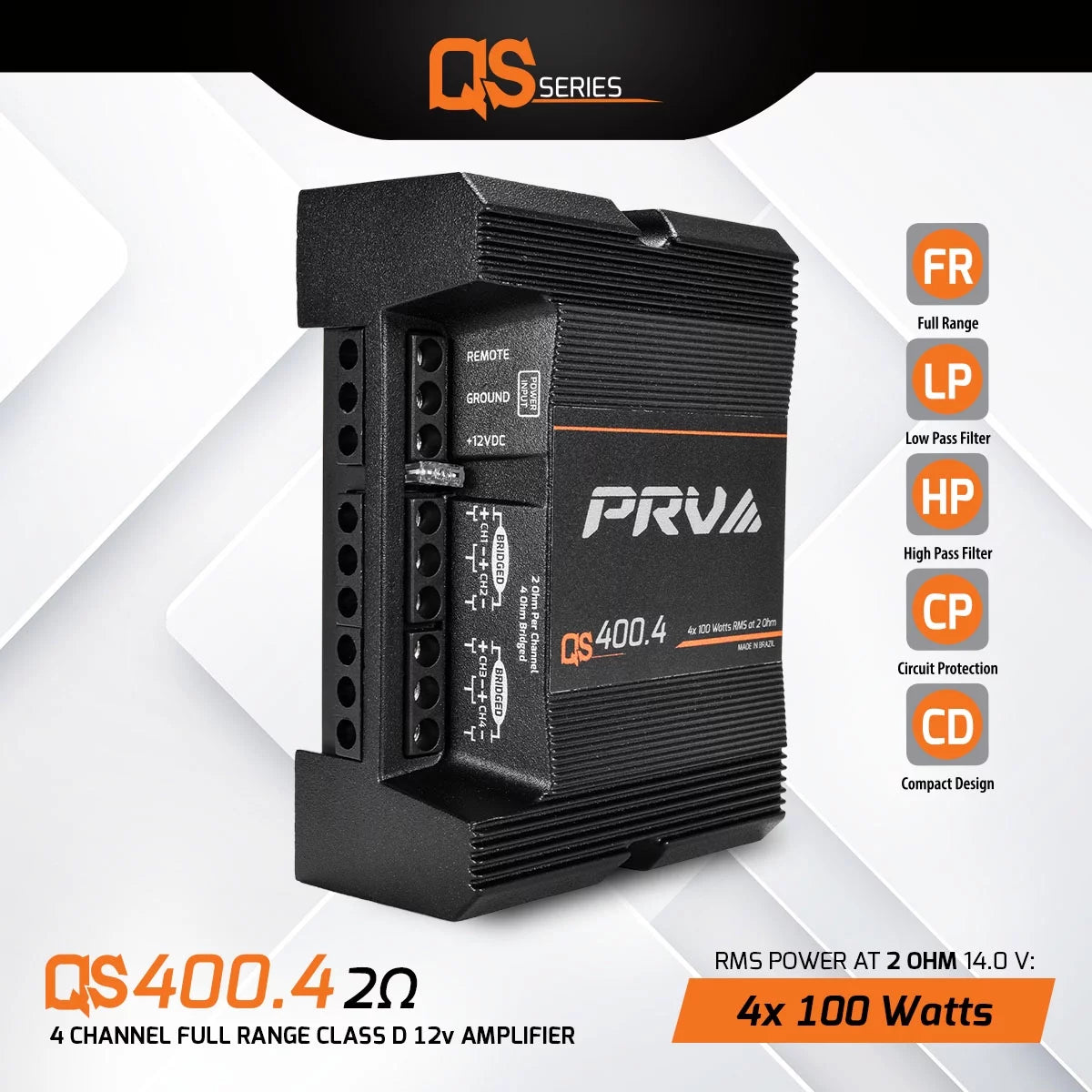 PRV Audio QS400.4 2 Ohm Mini Compact 4 Channel Car Audio Amplifier 4 x 100 Watts RMS at 2 Ohm - Stereo 12 Volts Amp Class D Full Range Bridgeable