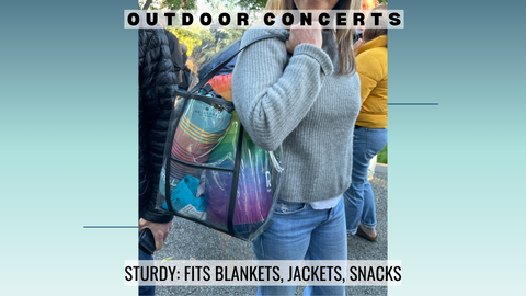 The Heli Designer Clear Bag For Venues With Clear bag policy shown at Frost Amphitheatre, Stanford, CA outdoor concert venue with blankets, two chairs, jacket and snacks inside the bag.