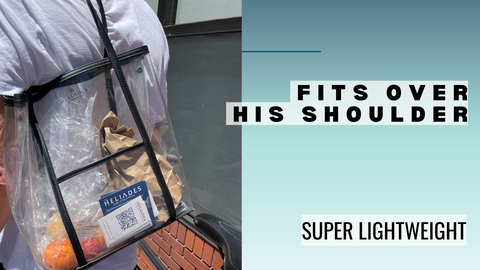 With a 9" handle drop, the Heli Designer Clear Bag with reinforced sewn seams is sturdy and will fit over men's shoulders and has unisex appeal to carry in hand so he can carry your bag for you.