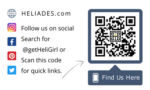 QR code for heliades.com, includes social media links with handle, @getheligirl and URL to website, heliades.com