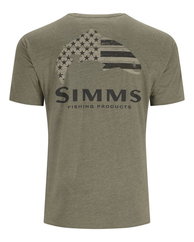 Sporting the Simms M's Wooden Flag Trout T-Shirt on fishing trips