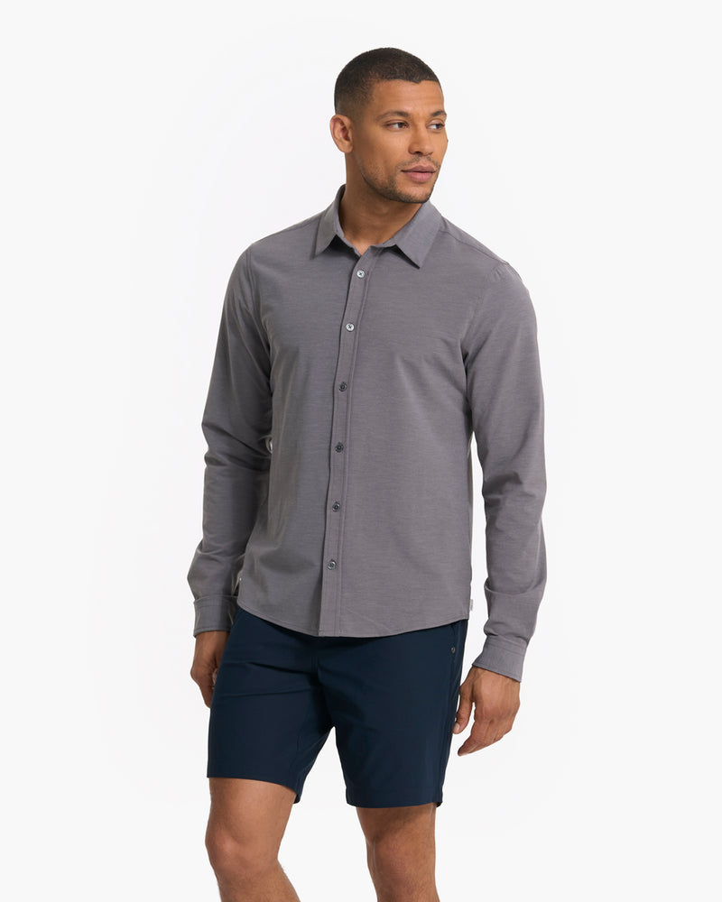 Performance Brushed-Back Stretch Jersey Long Sleeve Button-Down Sport Shirt