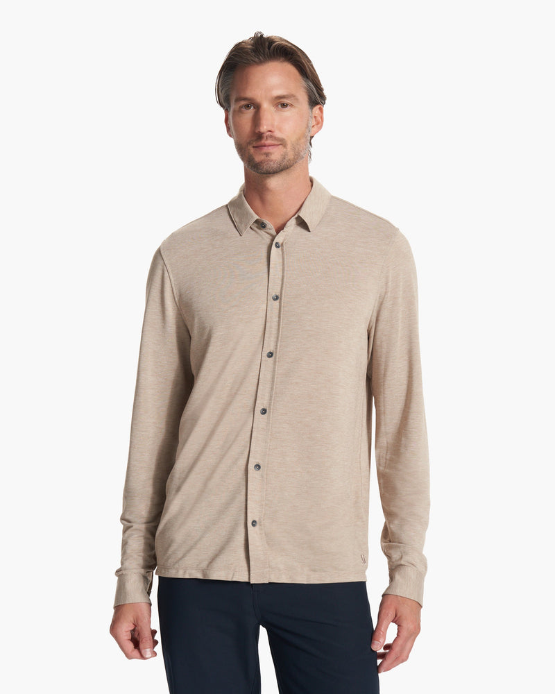 Long Sleeve Knit Twill Button Down, Camel Heather Polo
