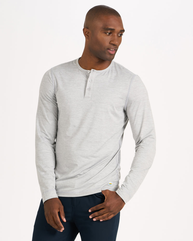 Long-Sleeve Ease Performance Henley, Light Heather Grey