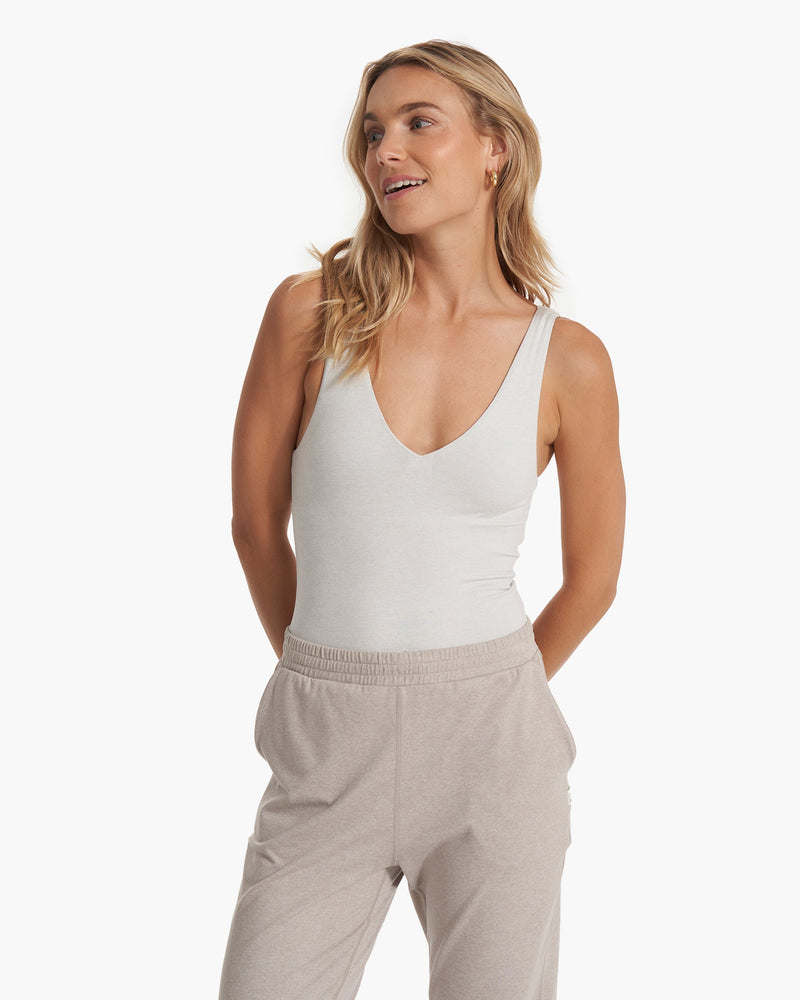Women's White Basic Plunge Rib Sleeveless Bodysuit