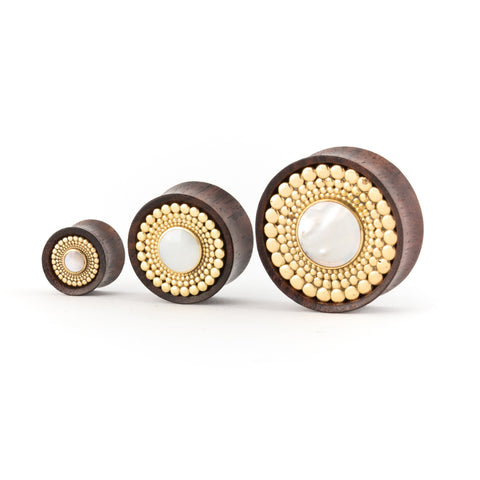 Wood, gold brass and mother of pearls plugs