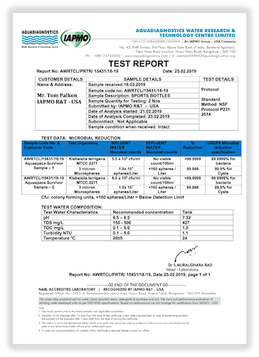 IAPMO Test Results for the Aquaspace Survivor bottle for Microbial Reduction