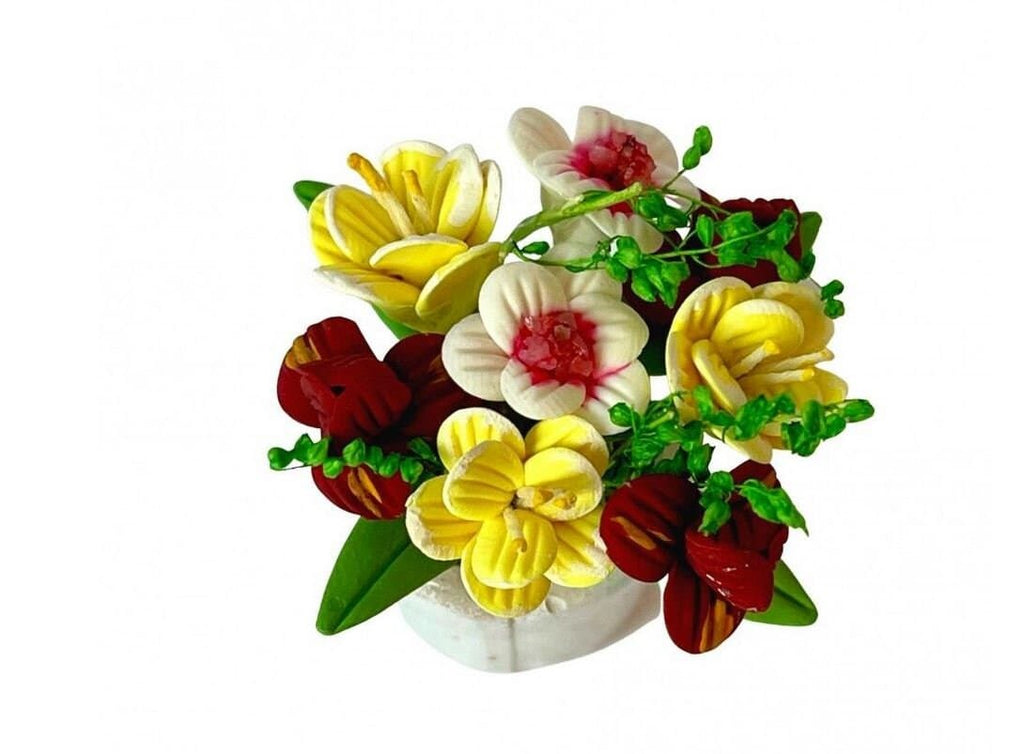 Artificial Miniature Flowers in a White Pot, Yellow and Red Dollhouse |  Fairy Miniatures