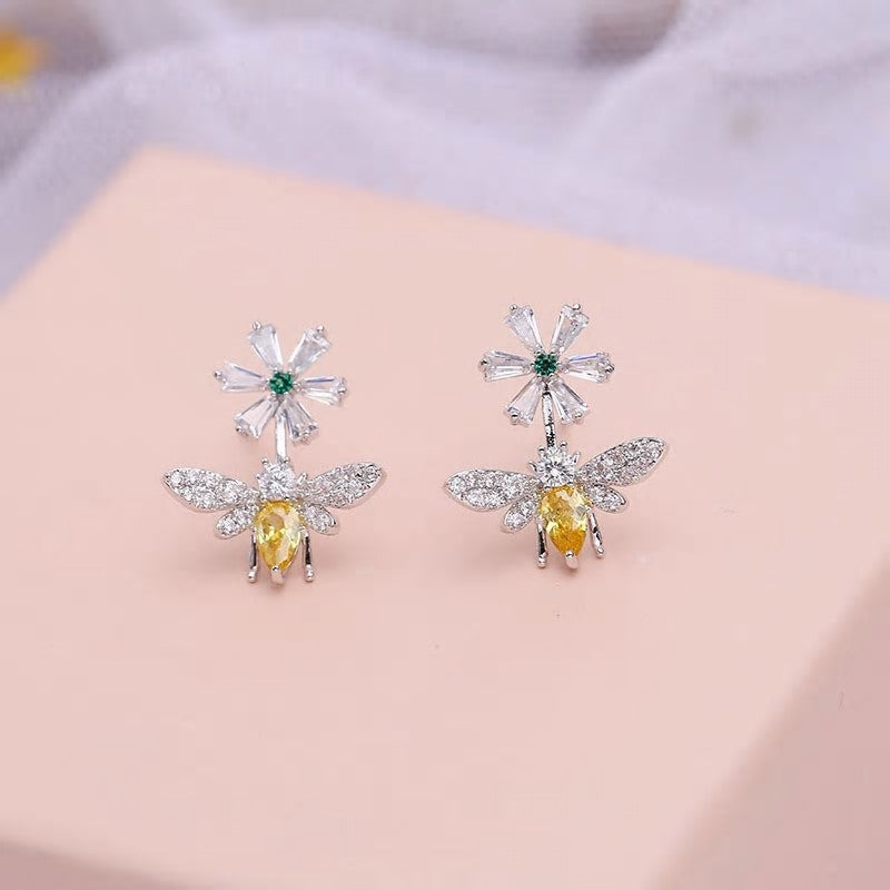 Delicate CZ Bee Flower Sterling Silver Stud Earring