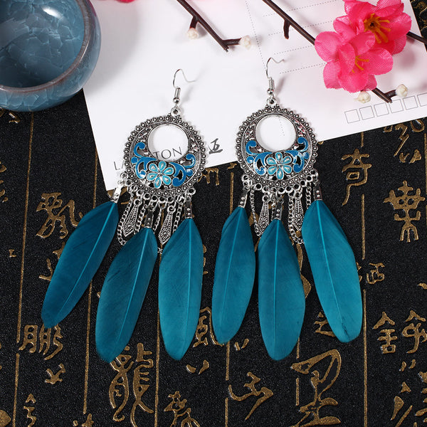 Vintage Long Tassel Feather Beads Drop Pendant Earring Bohemian