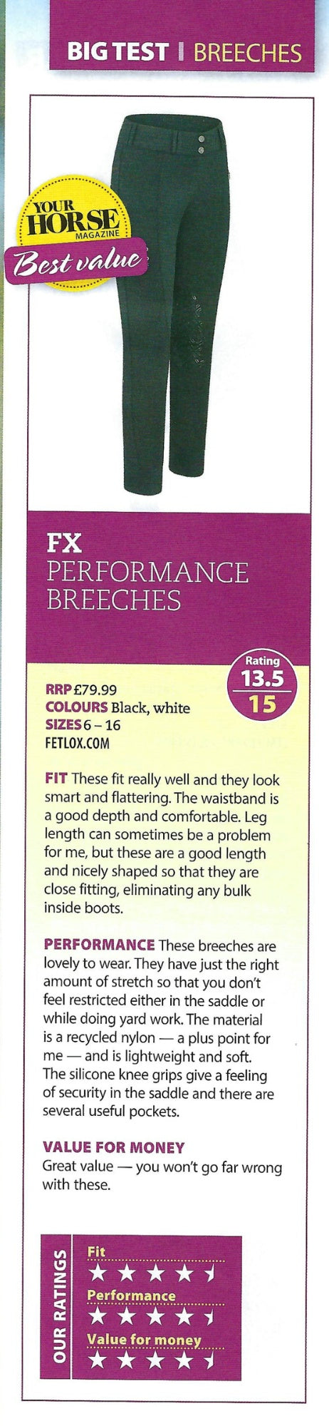 Your Horse Magazine - Fetlox Performance Breeches - Voted Best Value Breeches