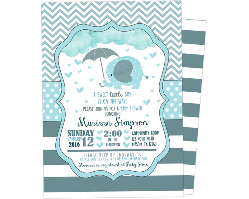 rainy elephant baby shower invitations boy